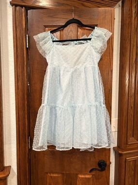 Day + Moon $68 Light Blue Swiss Dot Tulle Mini Dress Tie Back Fairycore Boho